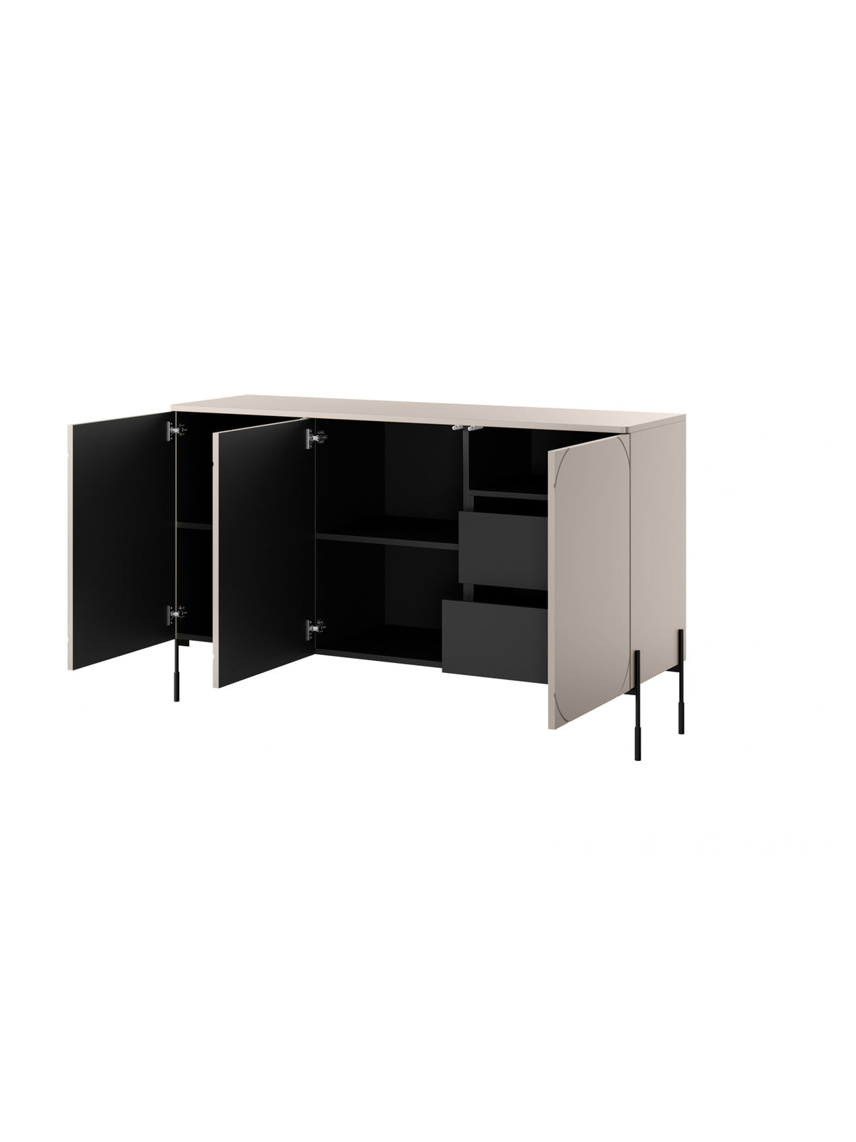 Comodă Sonatia 150 cm cu trei uși casmir și picioare negre, vedere interior și sertare