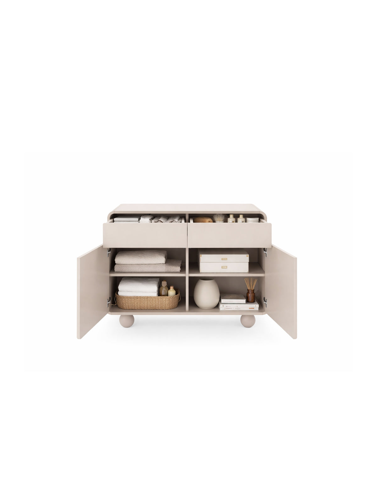 Comodă Vellino 108 cm culoare cashmere cu fronturi deschise, rafturi și sertare vizibile