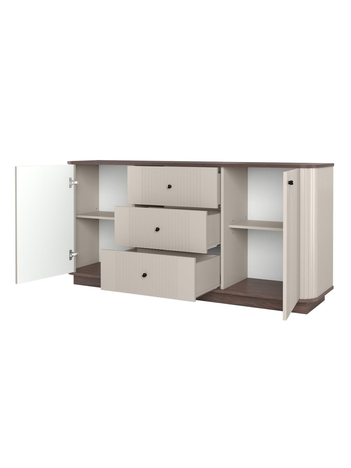 Comodă Vesper 160 cm casmir cu blat nuc și mânere negre, interior cu sertare și polite