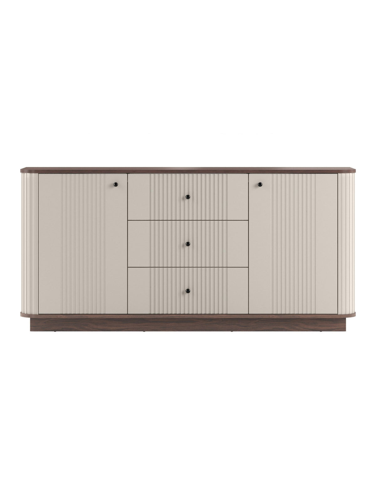 Comodă Vesper 160 cm castaniu cu fronturi striate, blat nuc și mânere negre