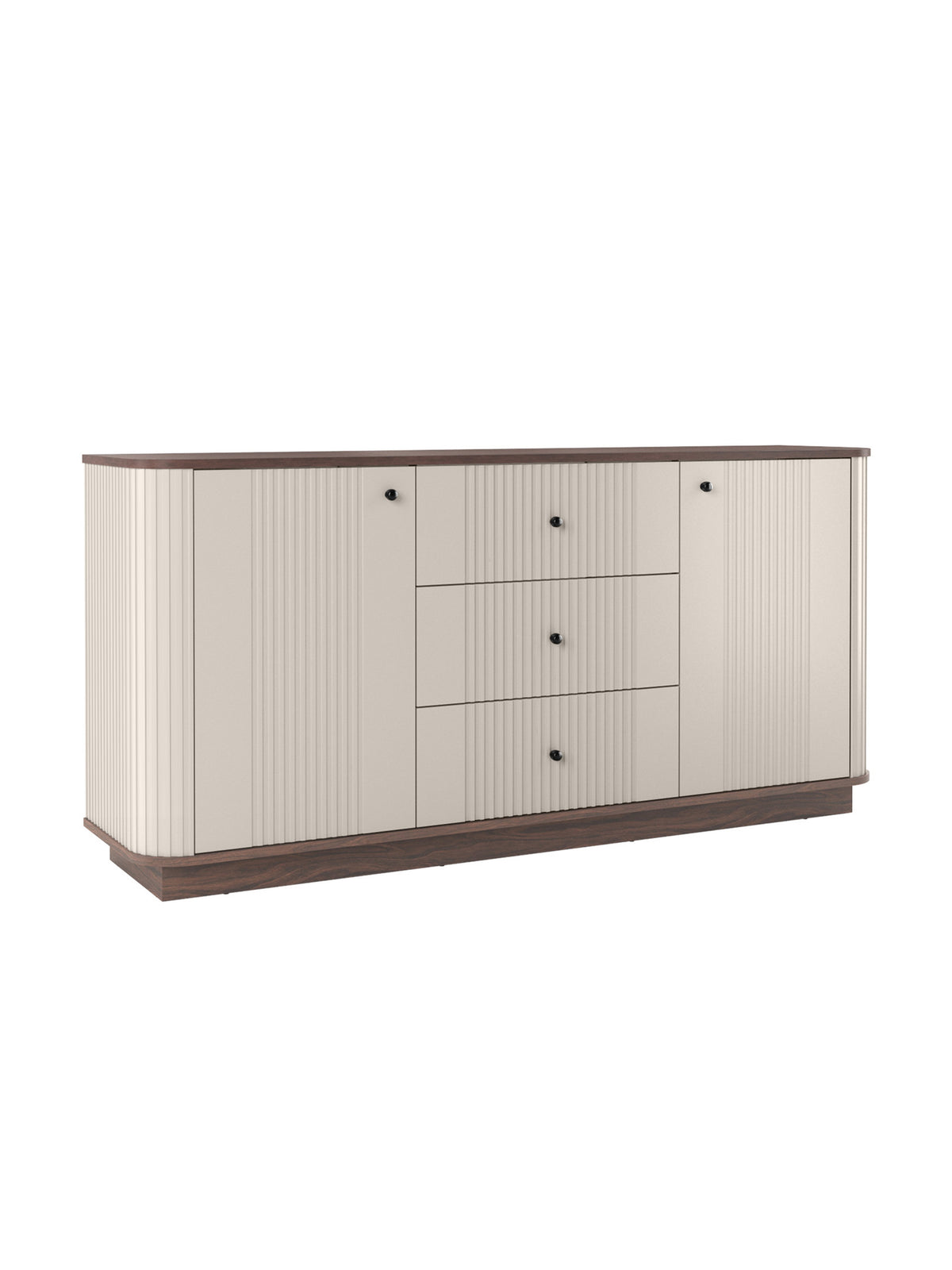 Comodă Vesper 160 cm cu sertare pe soclu, culoare kasmir, blat nuc și mânere negre
