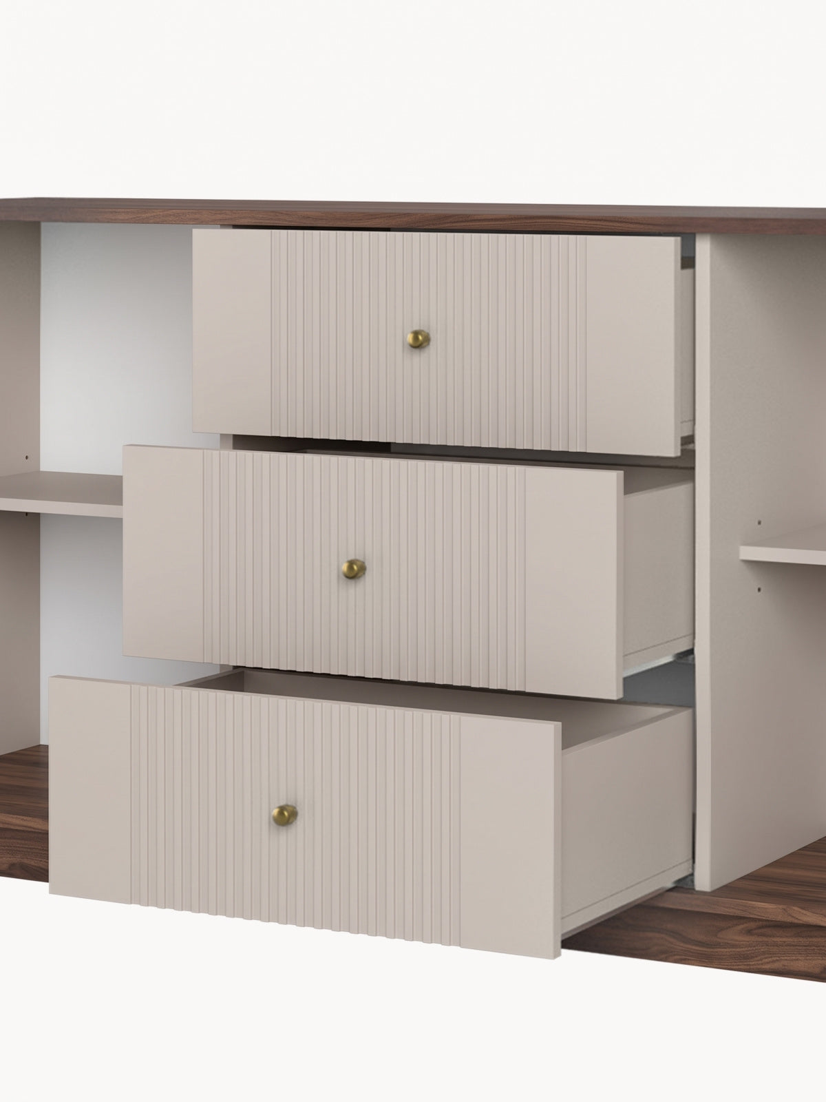 Comoda Vesper 160 cm cu sertare na cokole - cașmir / nuc / zlote Mânere