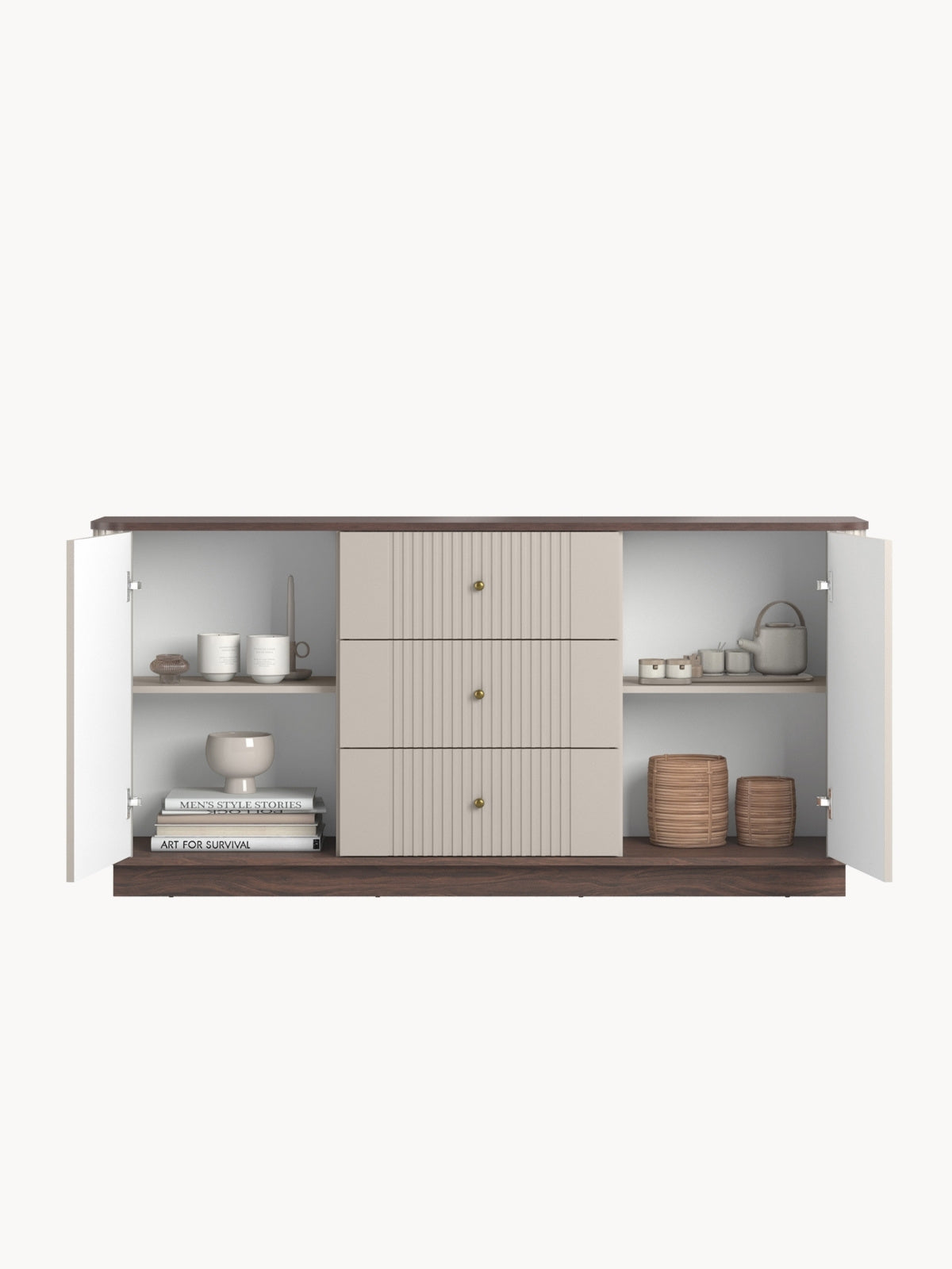 Comoda Vesper 160 cm cu sertare na cokole - cașmir / nuc / zlote Mânere