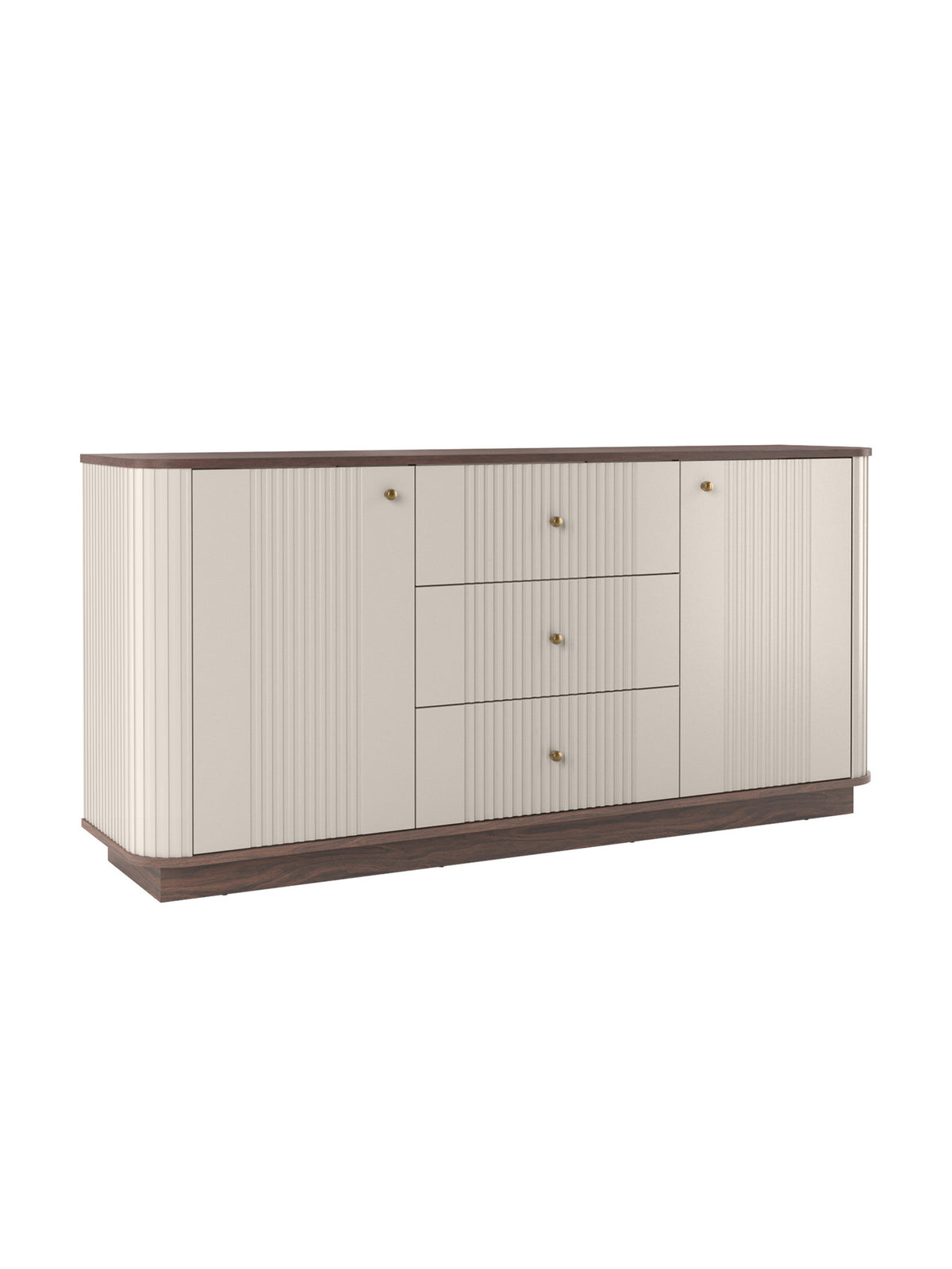 Comodă Vesper 160 cm în culoarea cașmir, cu fronturi striate și mânere aurii, vedere frontală