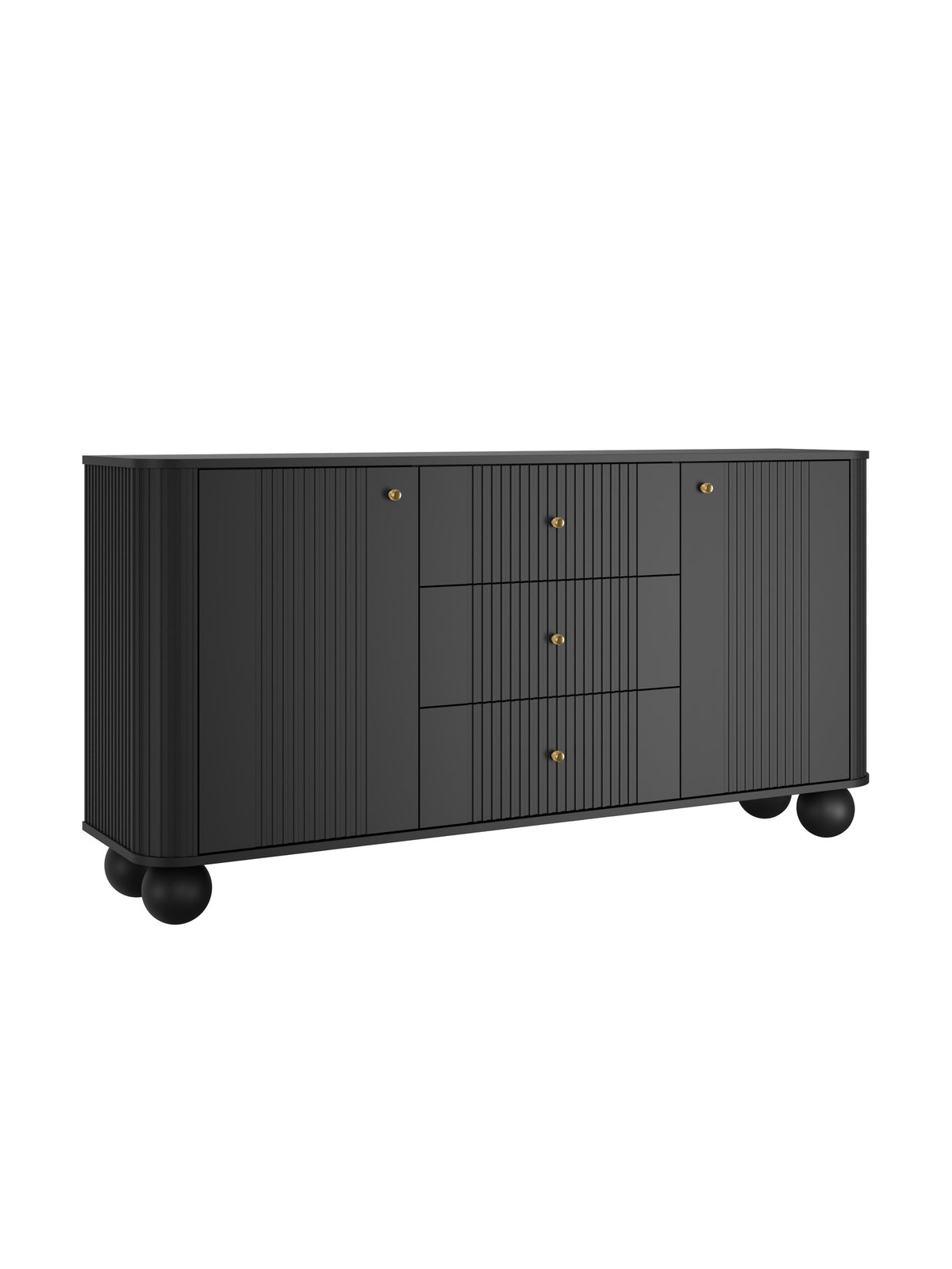 Comodă Vesper 160 cm negru mat cu front striat, mânere aurii și picioare rotunde