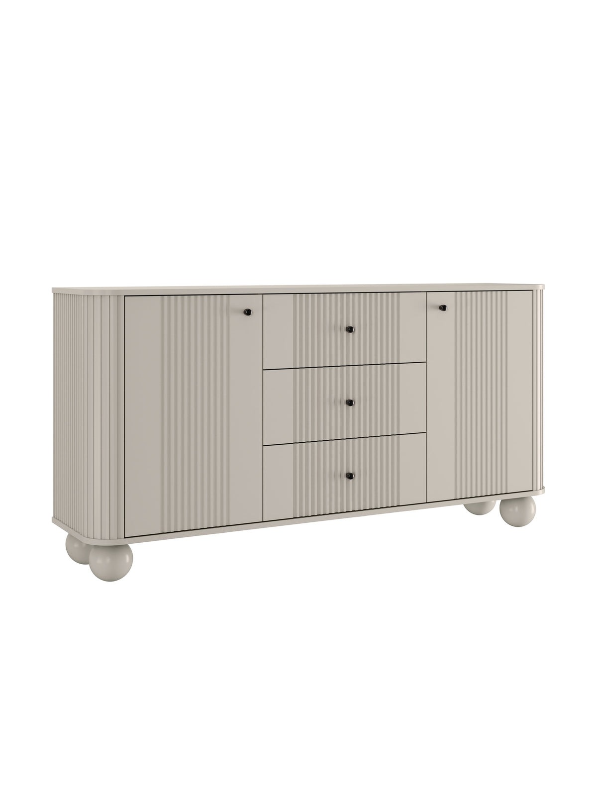 Comodă Vesper 160 cm casmir cu fronturi plisate și mânere negre, picioare rotunde