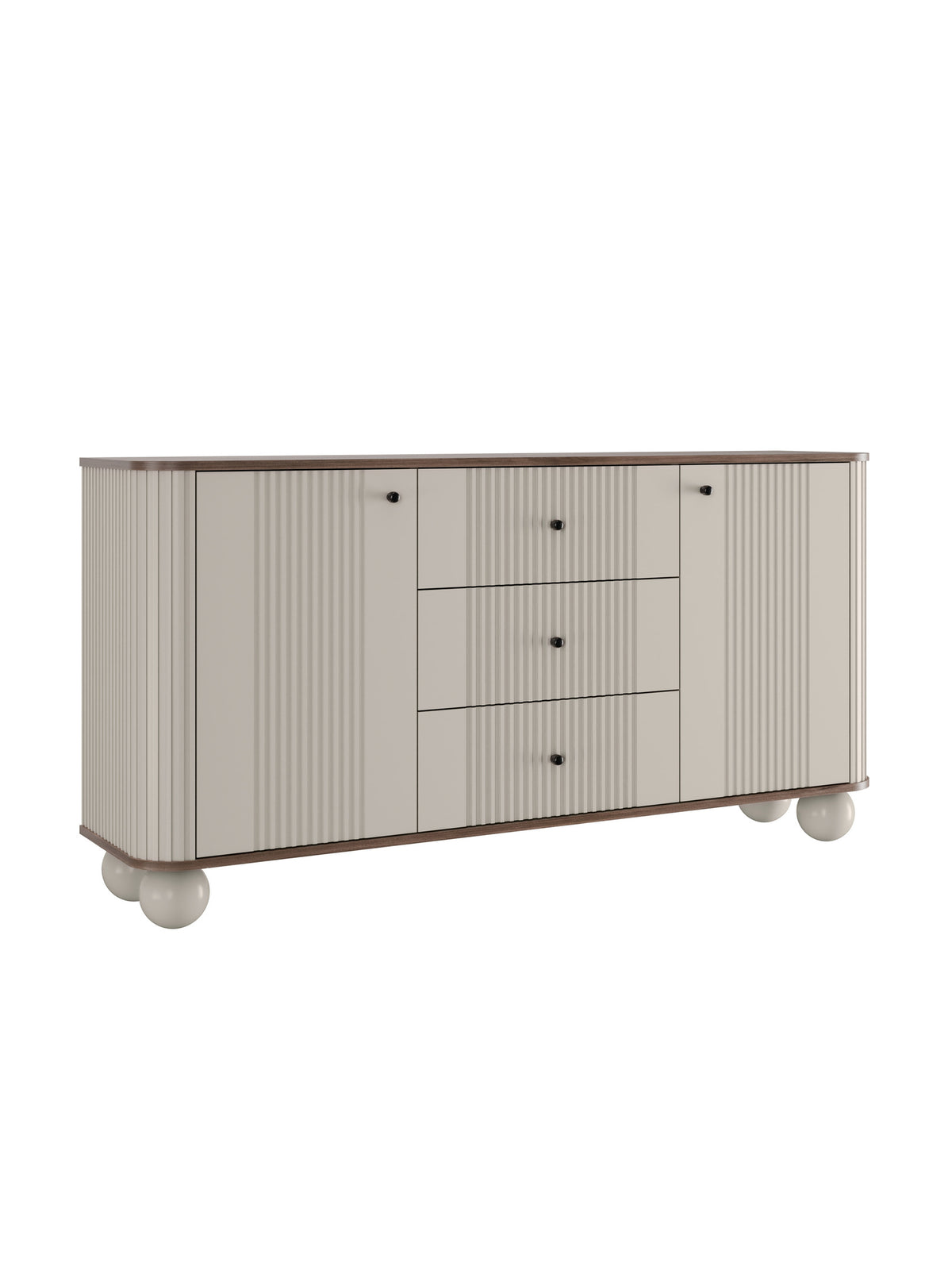 Comodă Vesper 160 cm cashmere cu fronturi rigate și mânere negre, vedere frontală