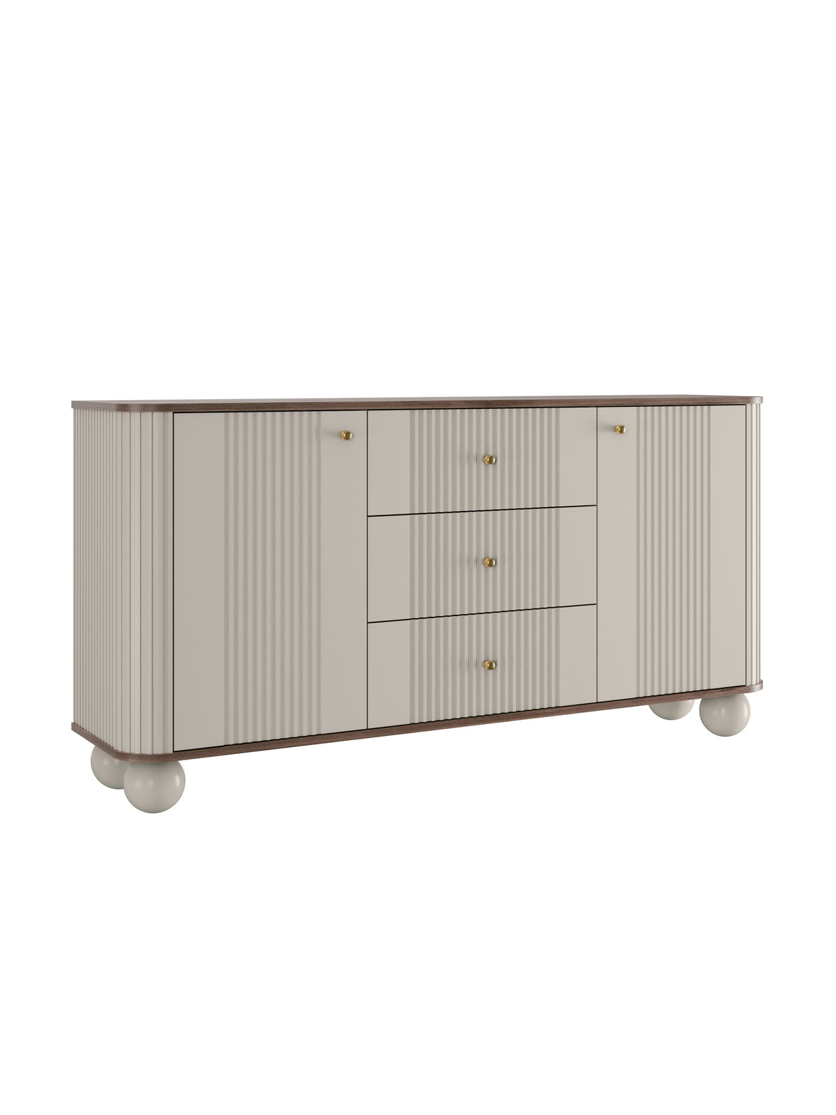 Comodă Vesper 160 cm casmir cu fronturi rigate și mânere aurii pe picioare sferice