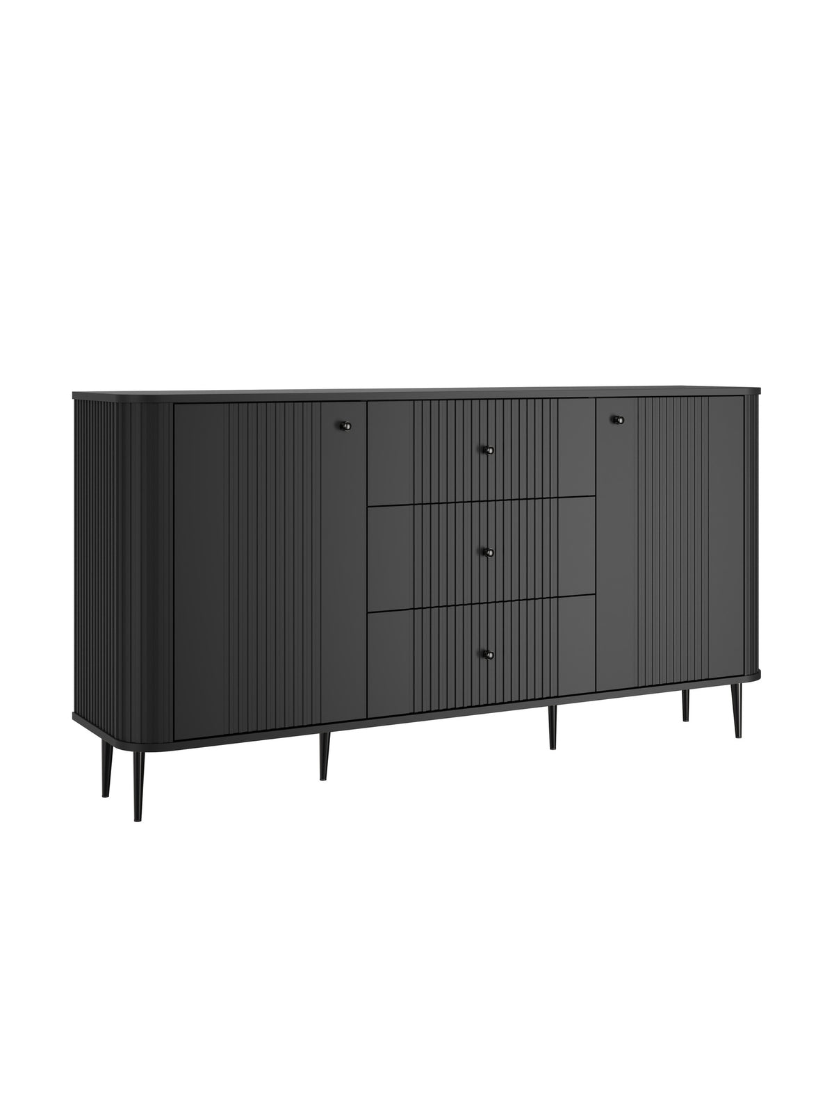 Comodă Vesper 160 cm negru mat cu fronturi striate și picioare metalice negre