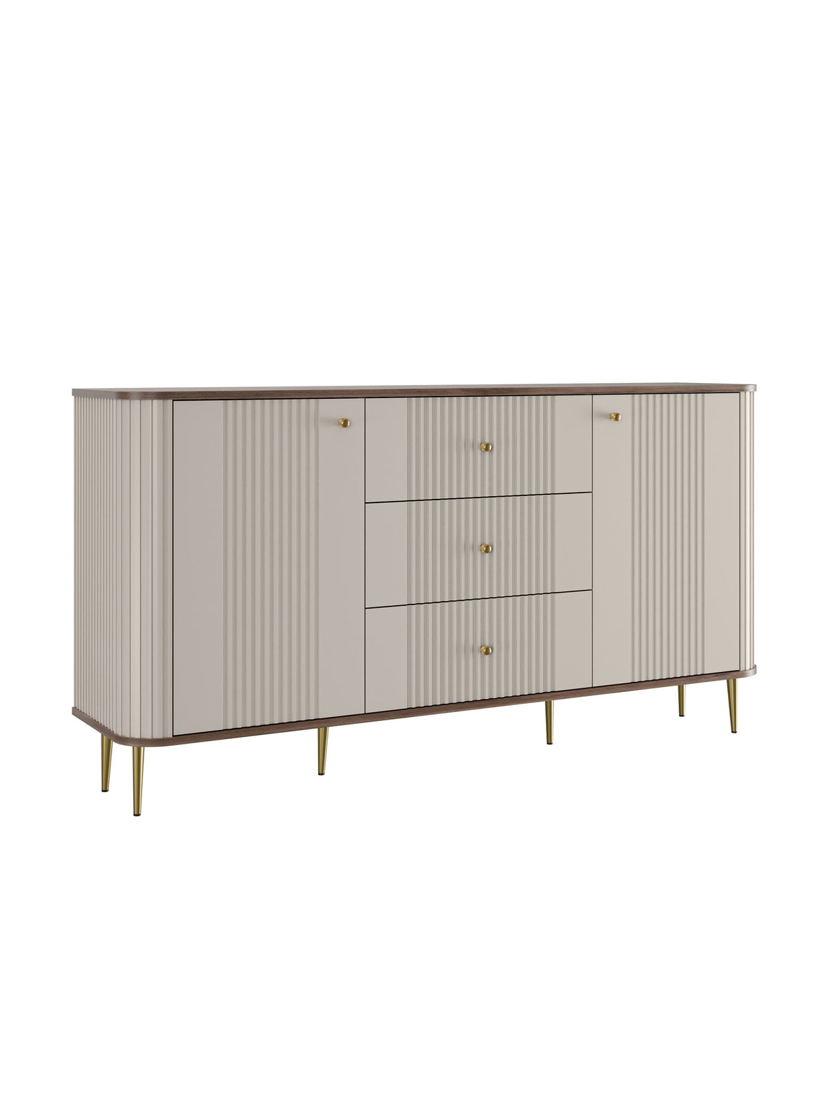 Comodă Vesper 160 cm casmir cu față rigată și picioare aurii, vedere frontală