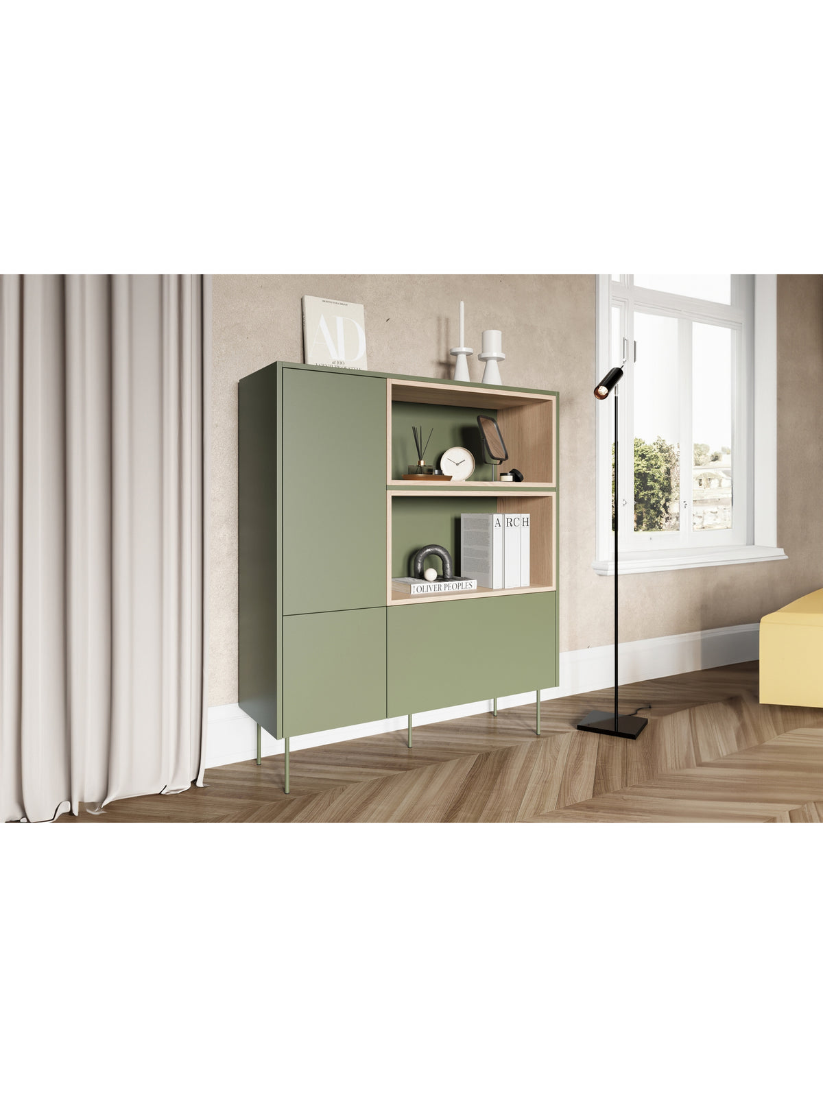 Comodă înaltă Desin 120 cm verde măsliniu mat cu două uși, sertar și nișe într-un interior luminos
