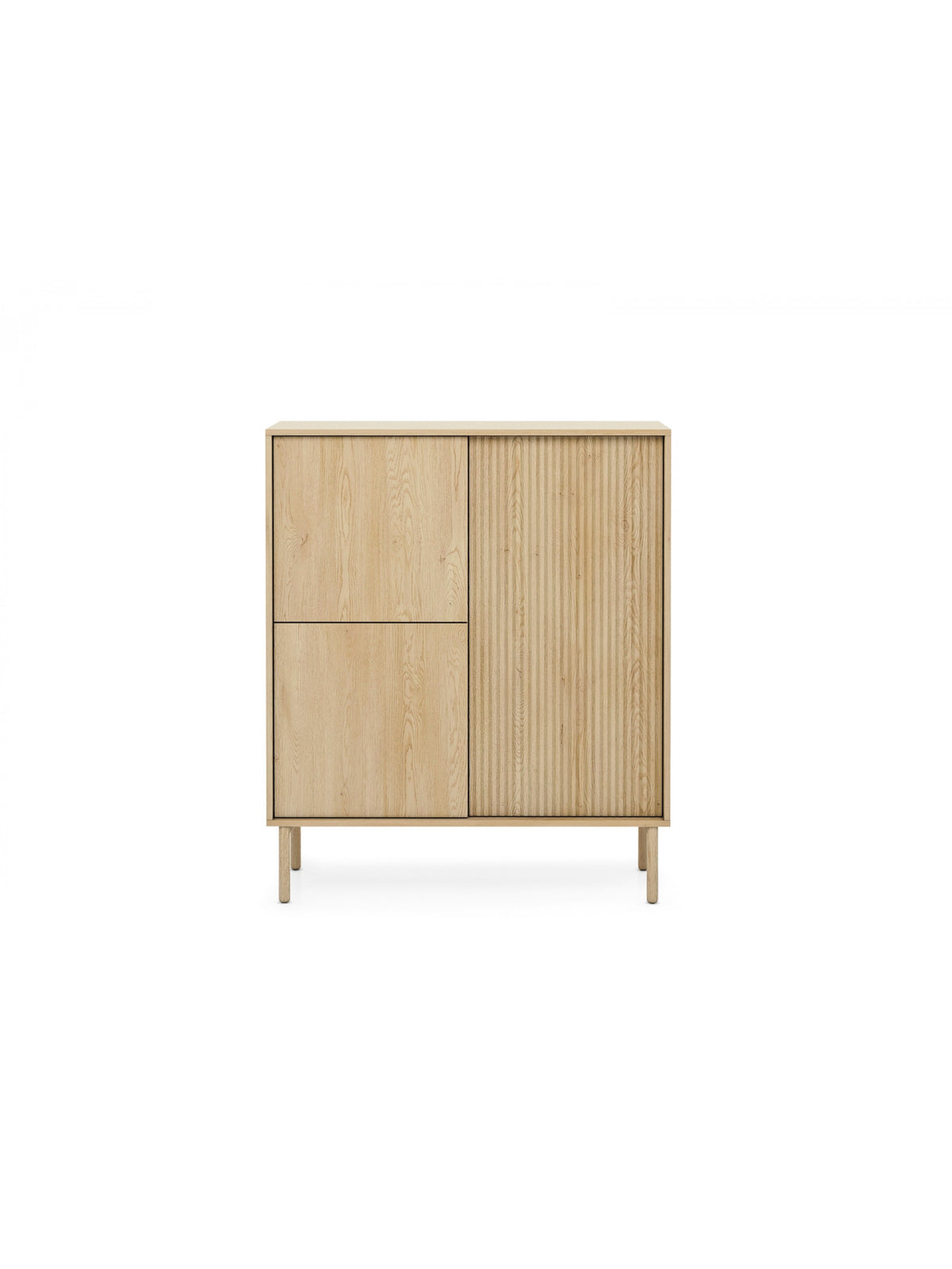 Komoda wysoka Rivio 104 cm dąb cremona z trzema drzwiami i ryflowanym frontem