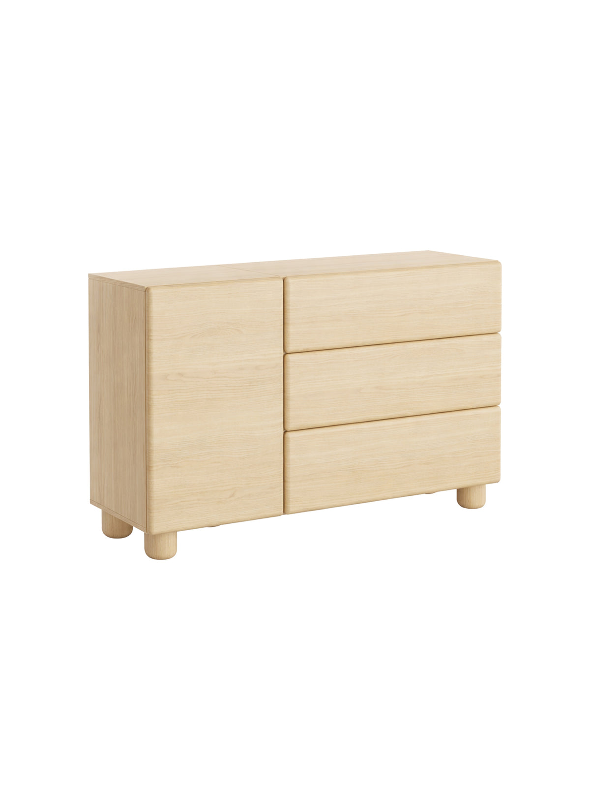 Comodă Arlo cu 3 sertare, 130 cm, culoare stejar vicenza, design modern, dulap și sertare vizibile