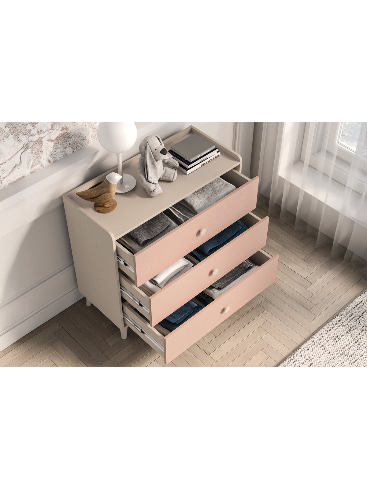 Comodă pentru copii Marla 90 cm cu trei sertare roz, corp culoarea nisipului