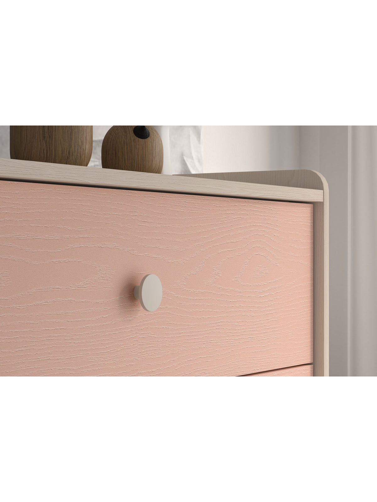 Comodă pentru copii Marla 90 cm cu trei sertare roz, front millenial pink, corp culoare nisip