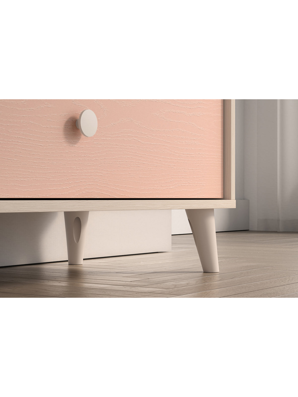 Comodă pentru copii Marla 90 cm front roz millenial pink detaliu picior