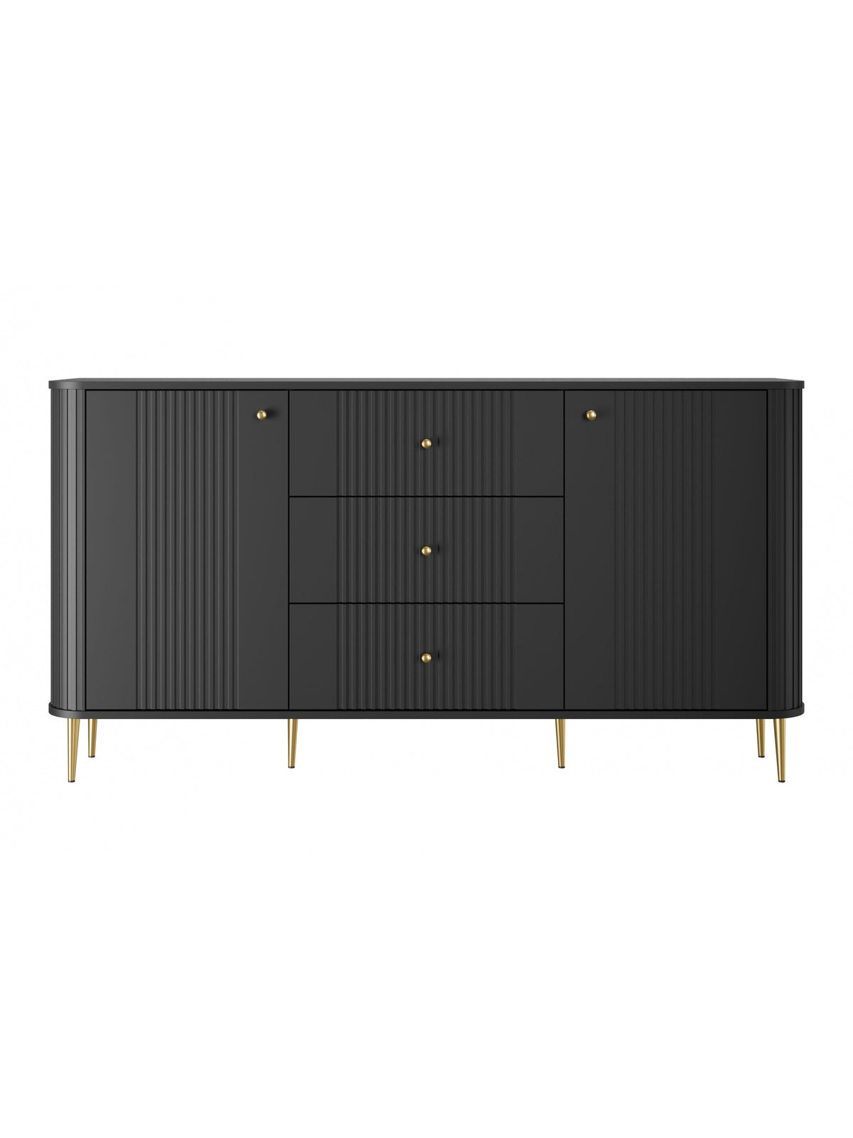 Comodă Vesper 160 cm negru mat cu față cu caneluri, picioare și mânere aurii, vedere frontală