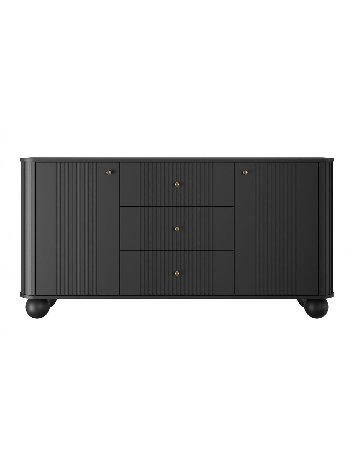 Comodă Vesper 160 cm negru mat cu front canelat și mânere aurii, picioare rotunde