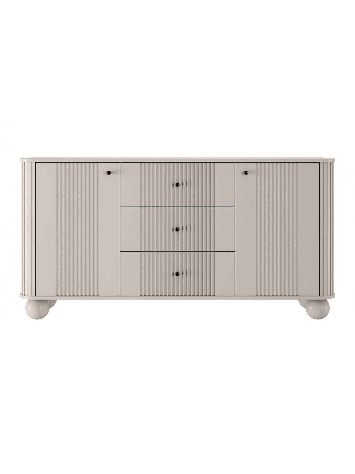 Comodă Vesper 160 cm casmir cu front canelat, mâner negru și picioare sferice