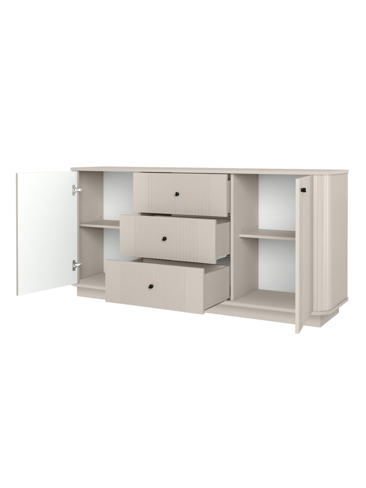 Comodă Vesper 160 cm casmir cu trei sertare deschise și mânere negre