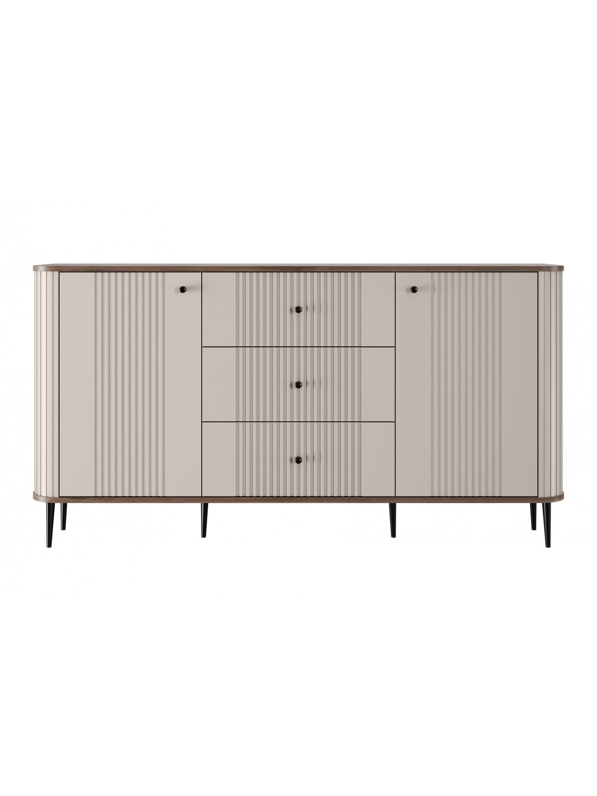 Comodă Vesper 160 cm casmir cu sertare și picioare negre, front striat