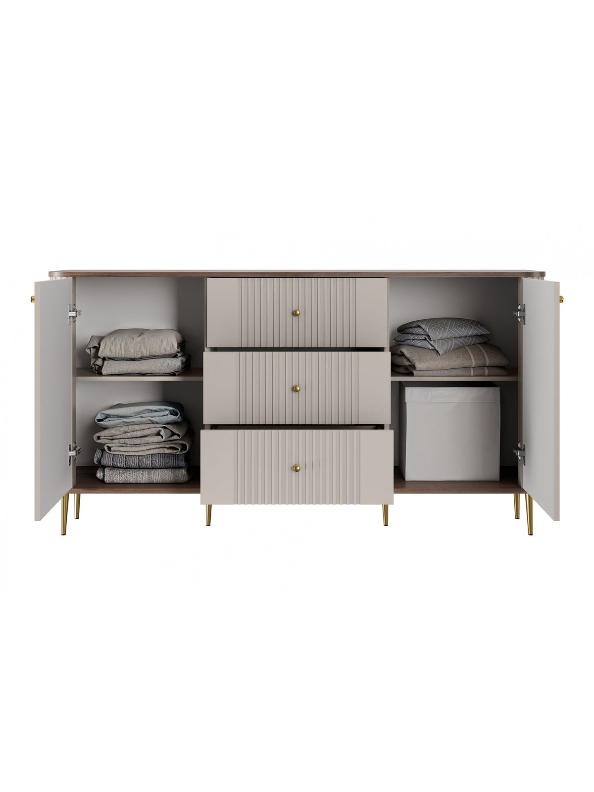 Comodă Vesper 160 cm culoare cașmir cu trei sertare și picioare aurii, mânere metalice