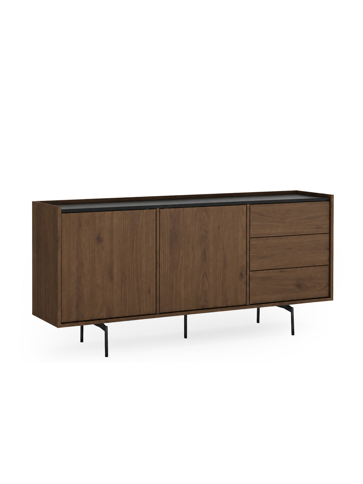 Comodă Zenar 170 cm orzech elegant cu blat negru și picioare metalice