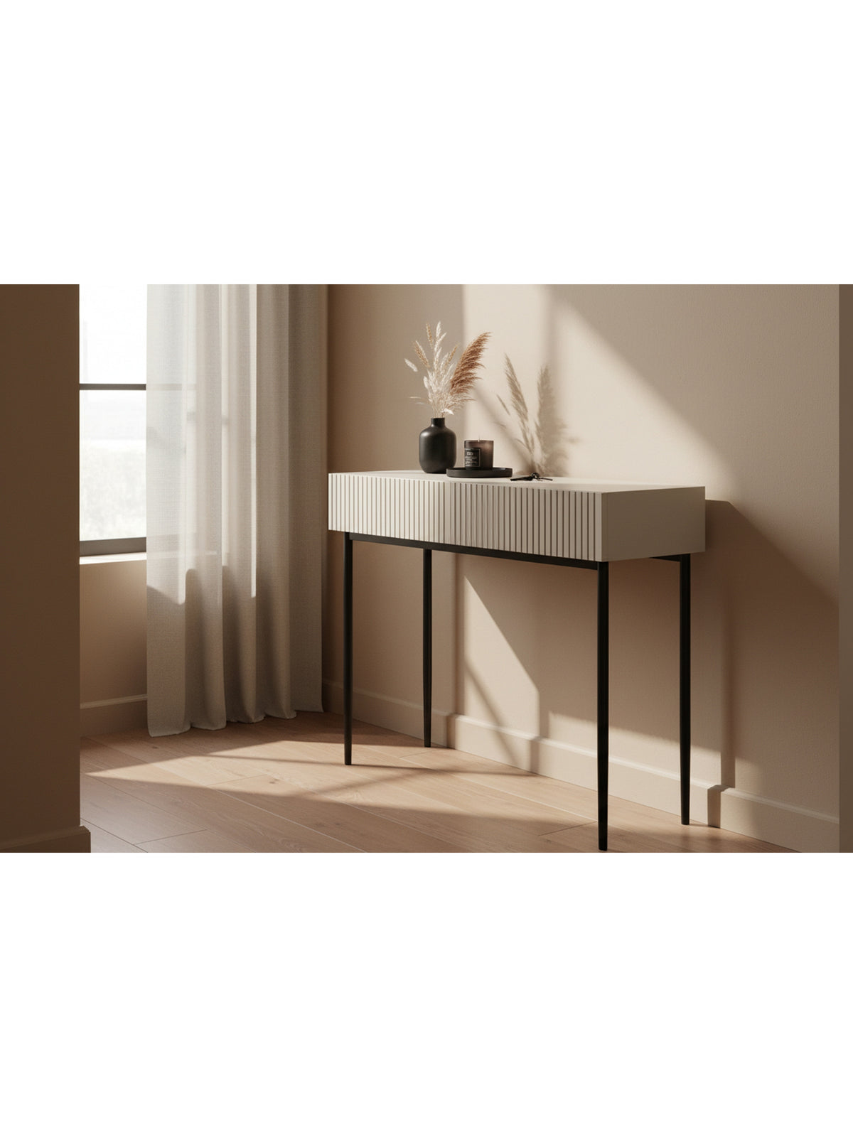 Consolă Nicole 100 cm cashmere cu două sertare striate și picioare metalice negre