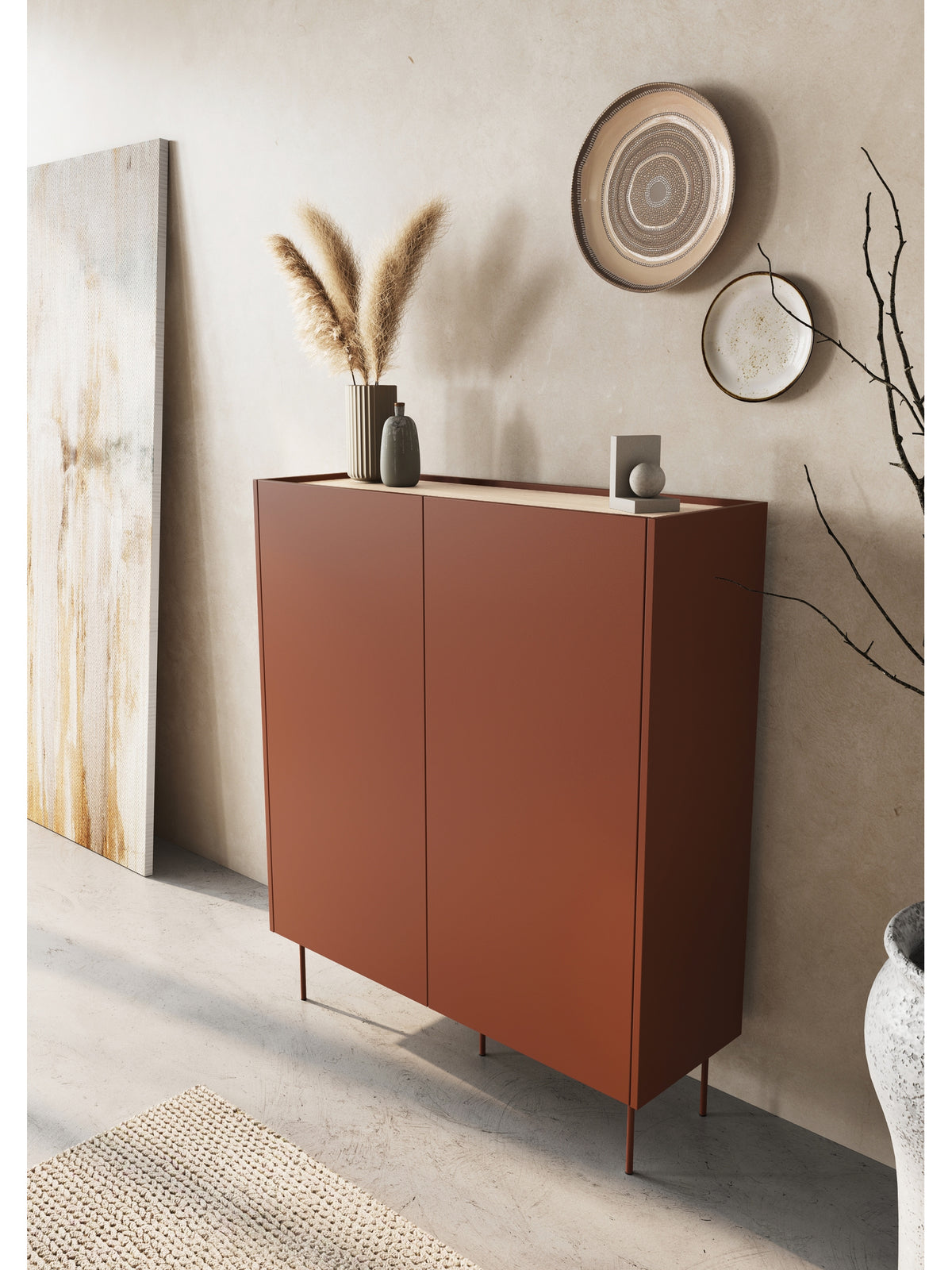 dulap Desin z ukrytymi sertare cu picioare metalice 120 cm - ceramic red / stejar nagano