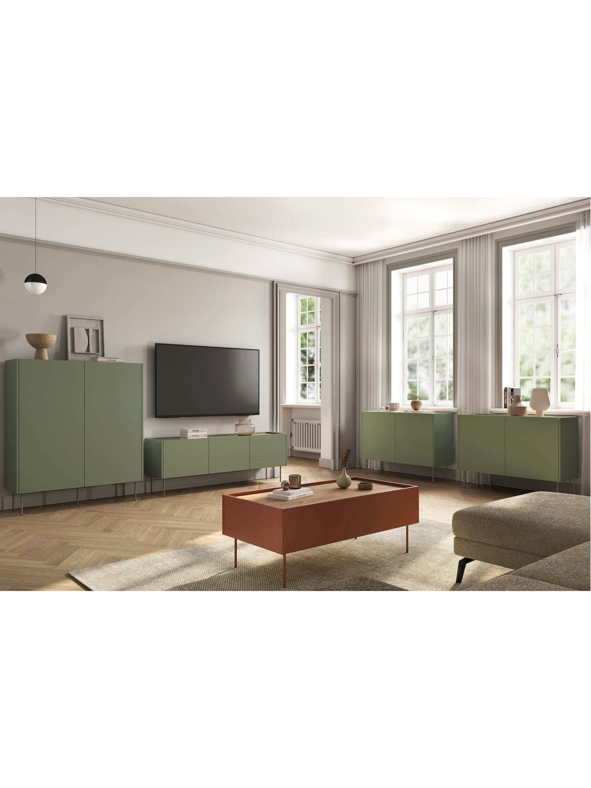 dulap Desin z ukrytymi sertare cu picioare metalice 120 cm - olive / stejar nagano