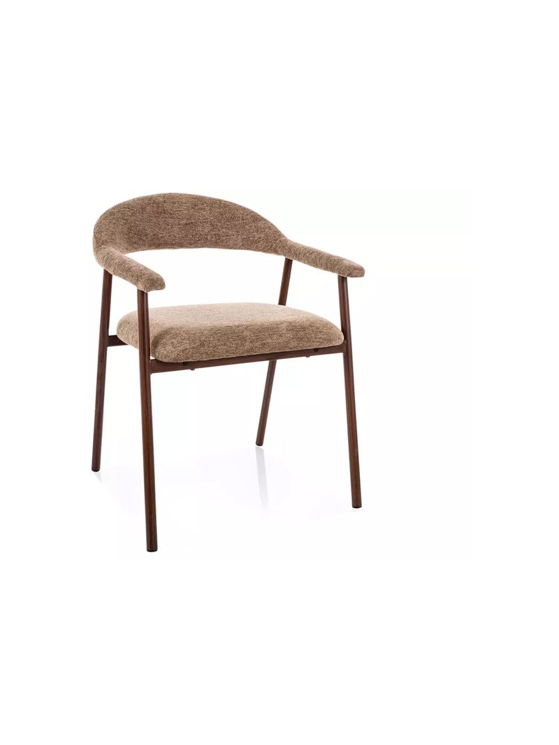 Scaun tapitat Elvario bej închis bouclé Raven 34 cu cadru metalic nuc