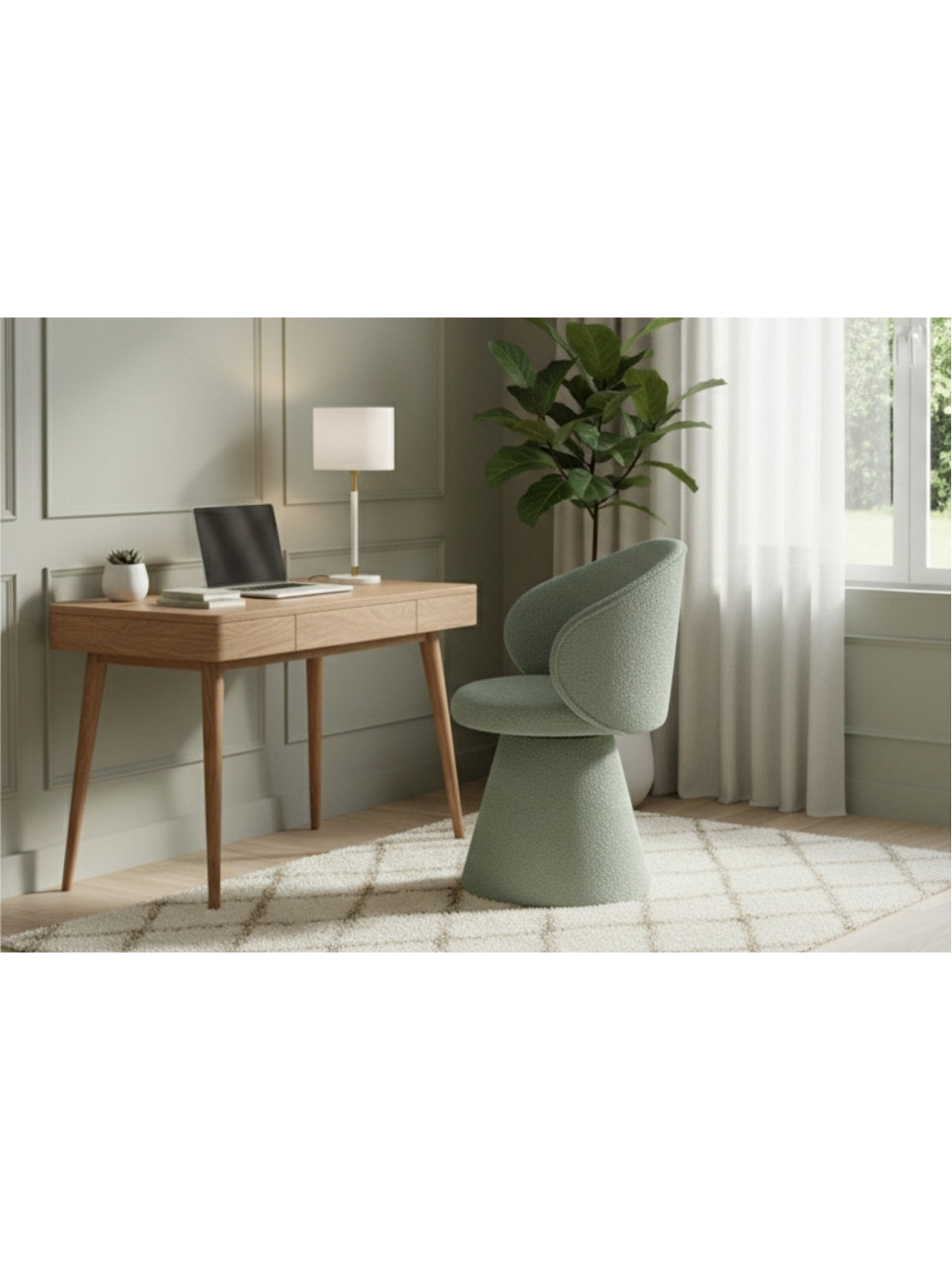 Scaun tapițat Orevi cu design tip scoică, culoare verde, picioare din lemn, vedere laterală