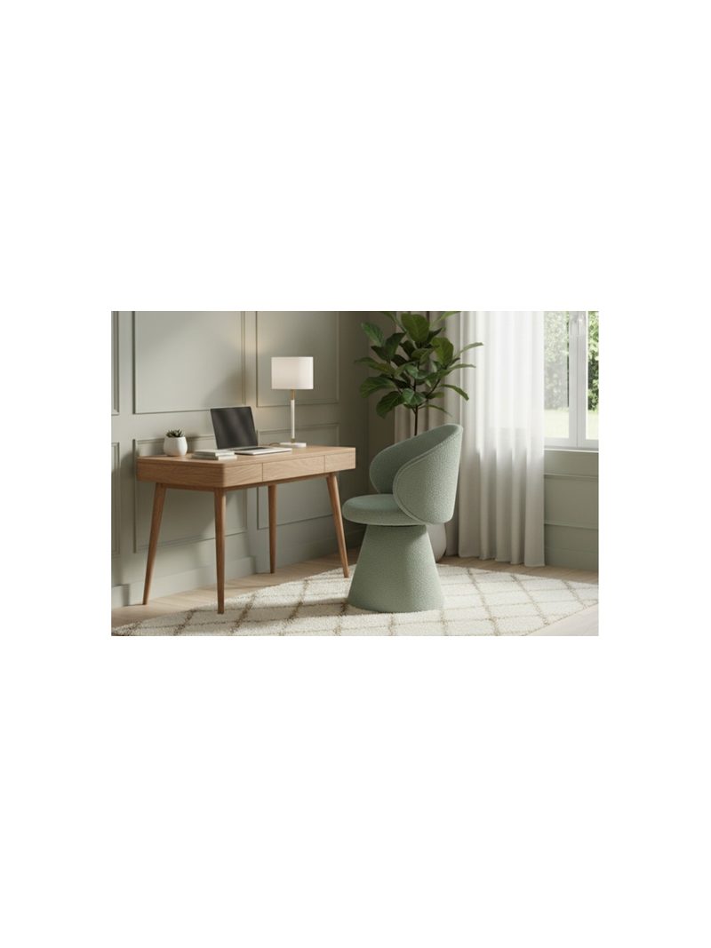 Scaun tapițat Orevi cu design tip scoică, culoare verde, picioare din lemn, vedere laterală