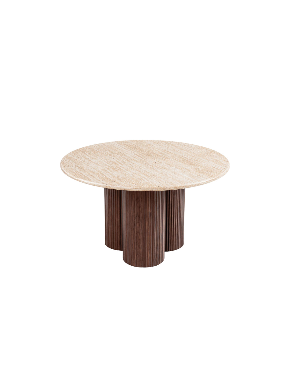 Masă de cafea rotundă Massia 80 cm cu blat travertin și cadru nuc