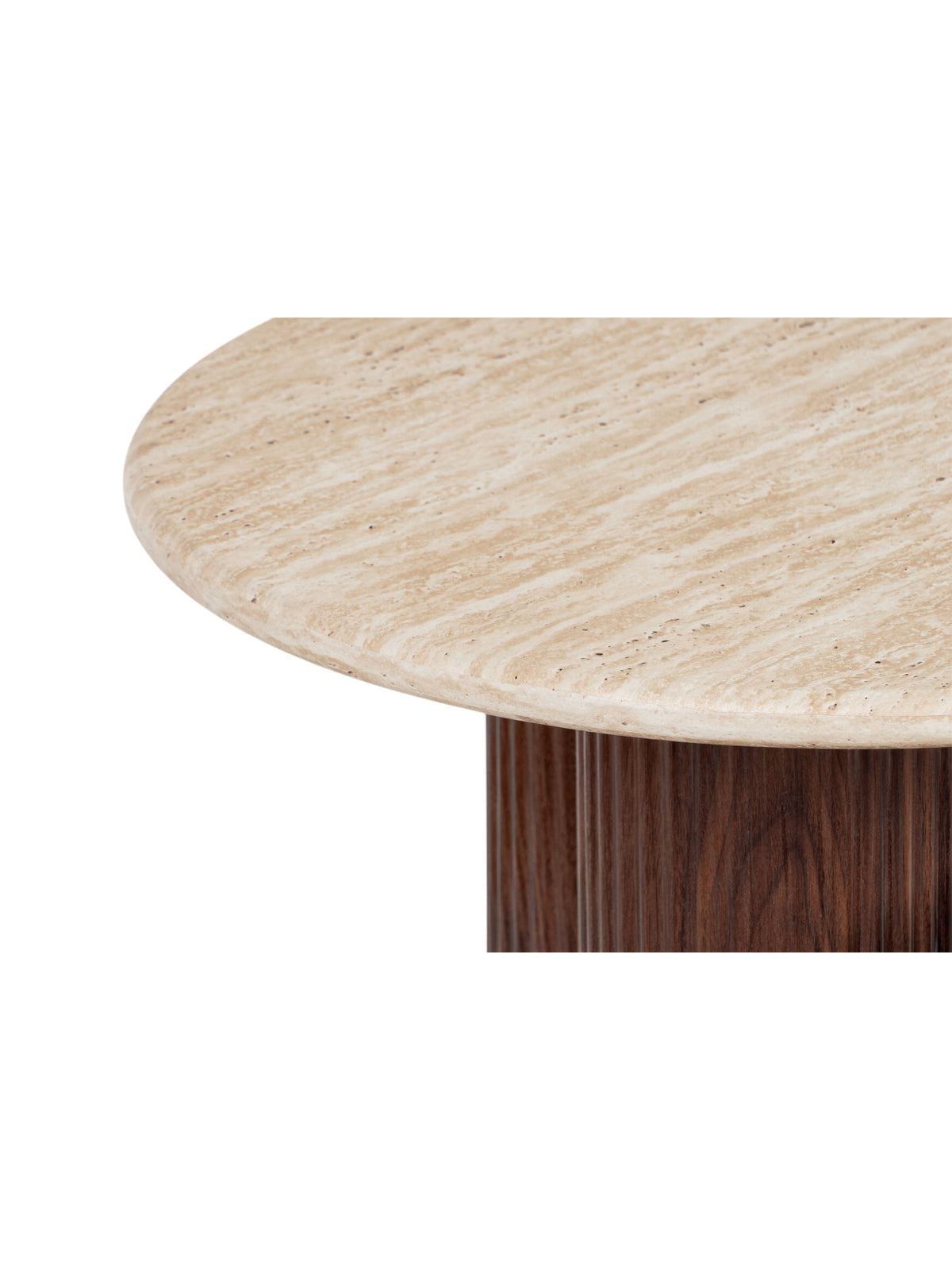 Masă de cafea rotundă Massia 80 cm blat travertin picioare nuc, stil modern
