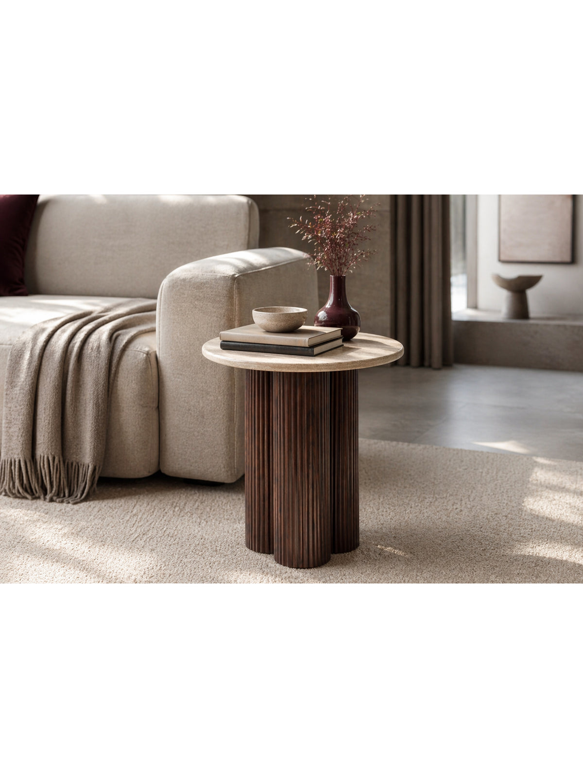Masă de cafea rotundă Massia Mini 50 cm blat bej trawertin, picioare nuc