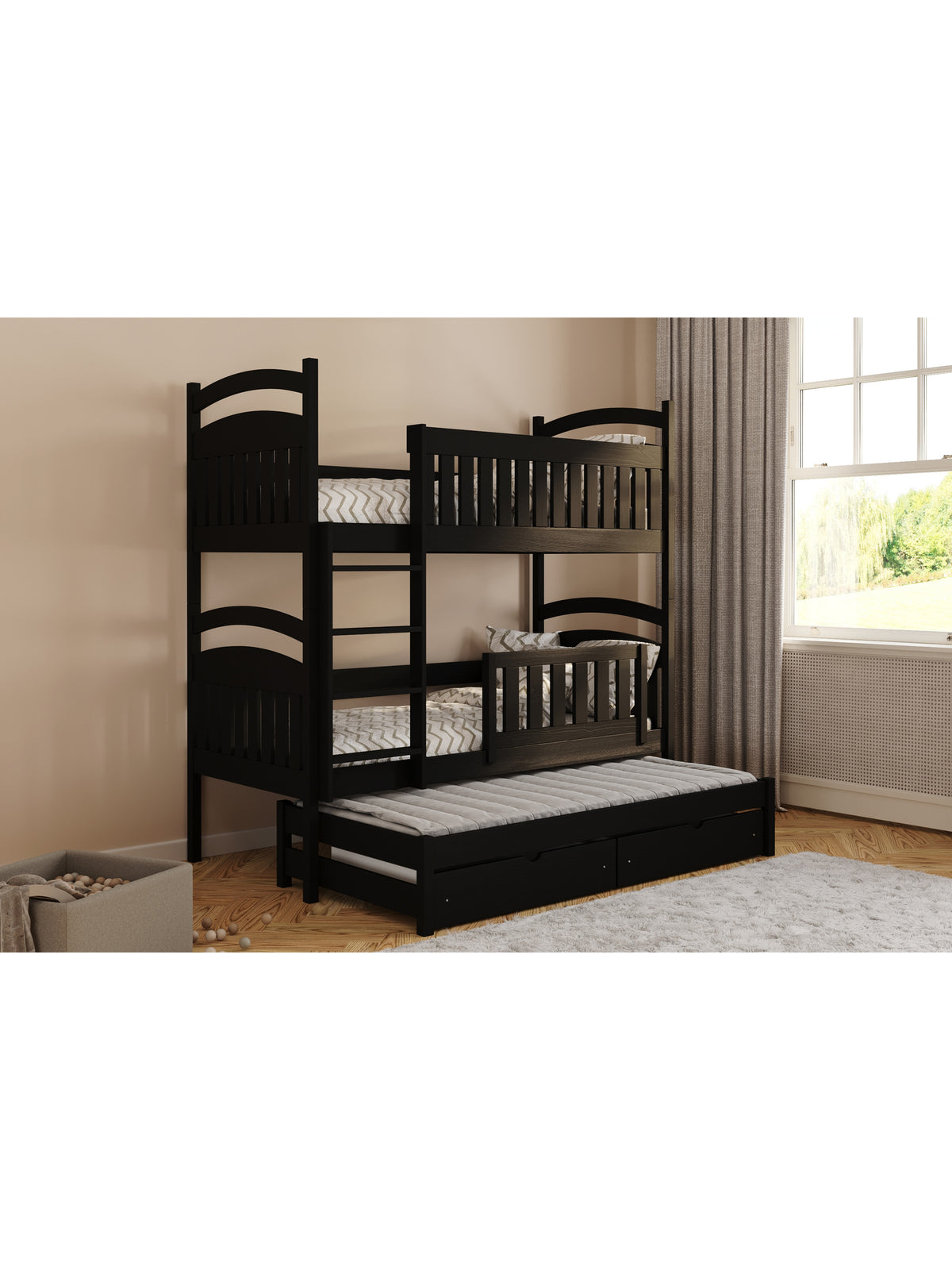 Pat dormitor negru Amely 80x190 cu așternut extensibil și bare de protecție