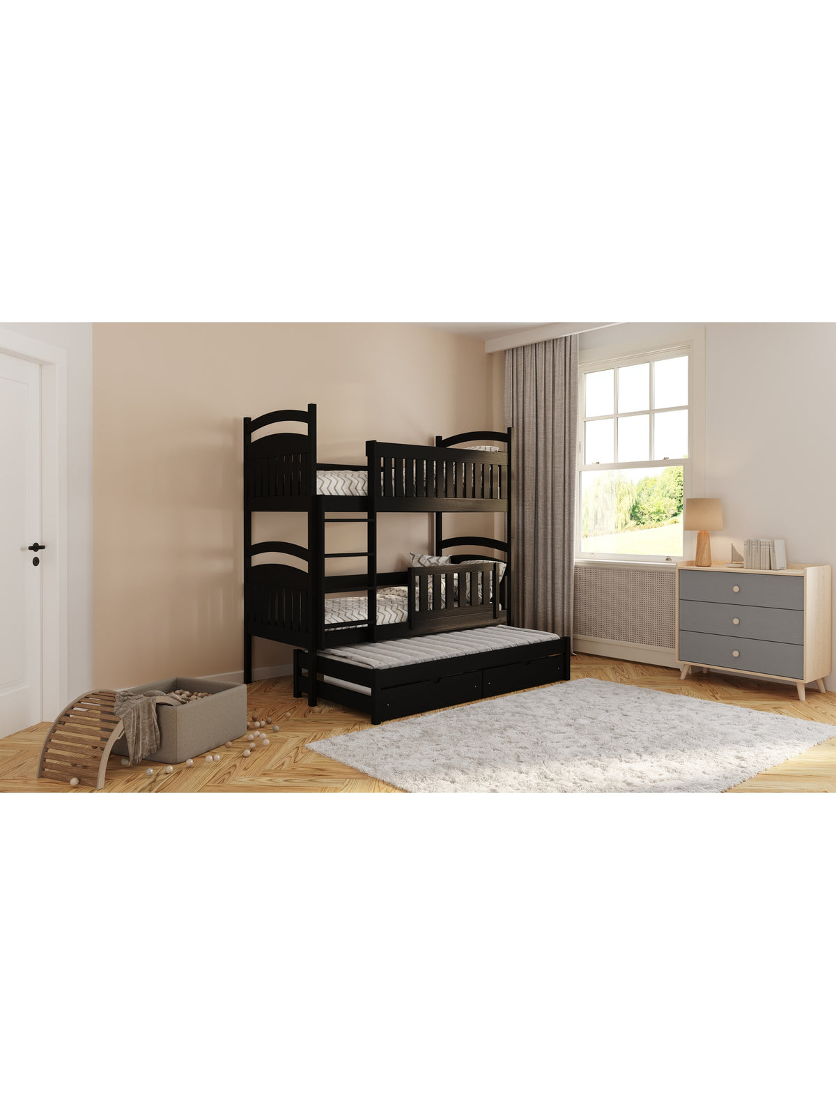 Pat de copii suprapus negru Amely 90x180 cu extensie, vedere laterală cu a treia bază extinsă