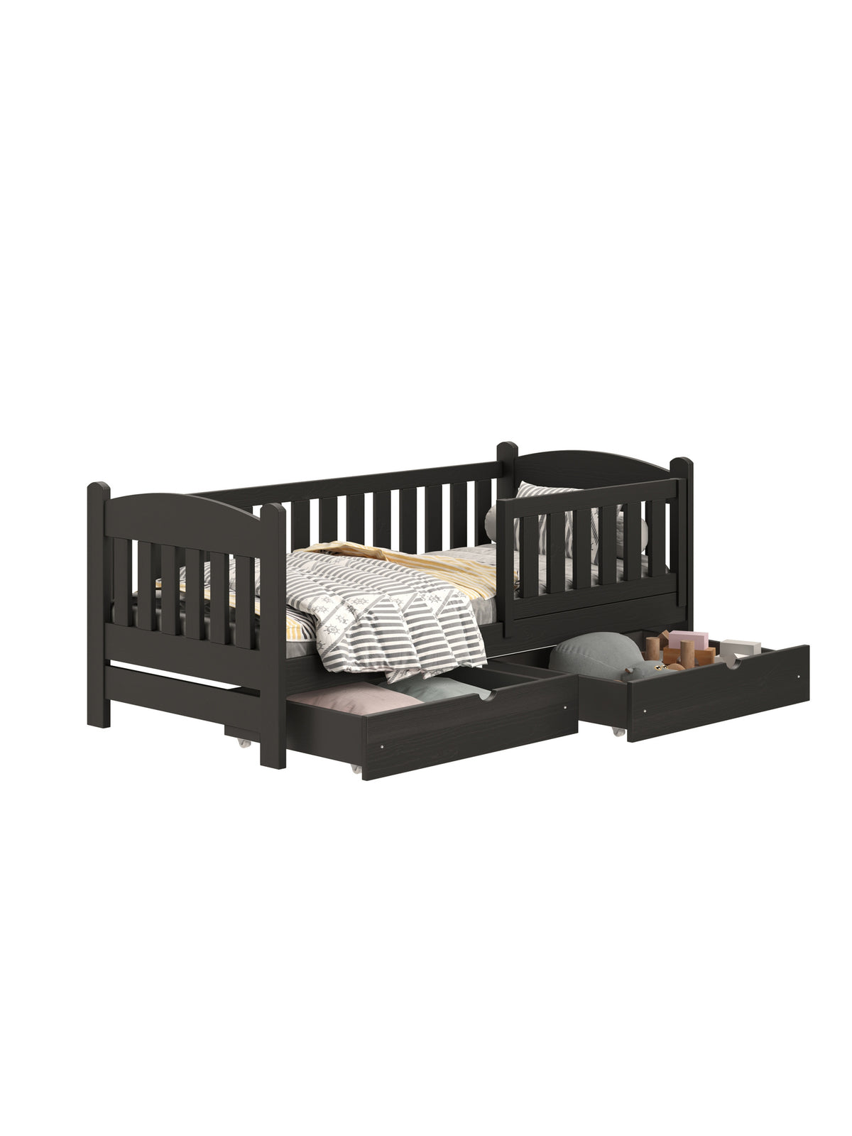 Patut din lemn pentru copii Alvins 80x160 negru cu două sertare negre