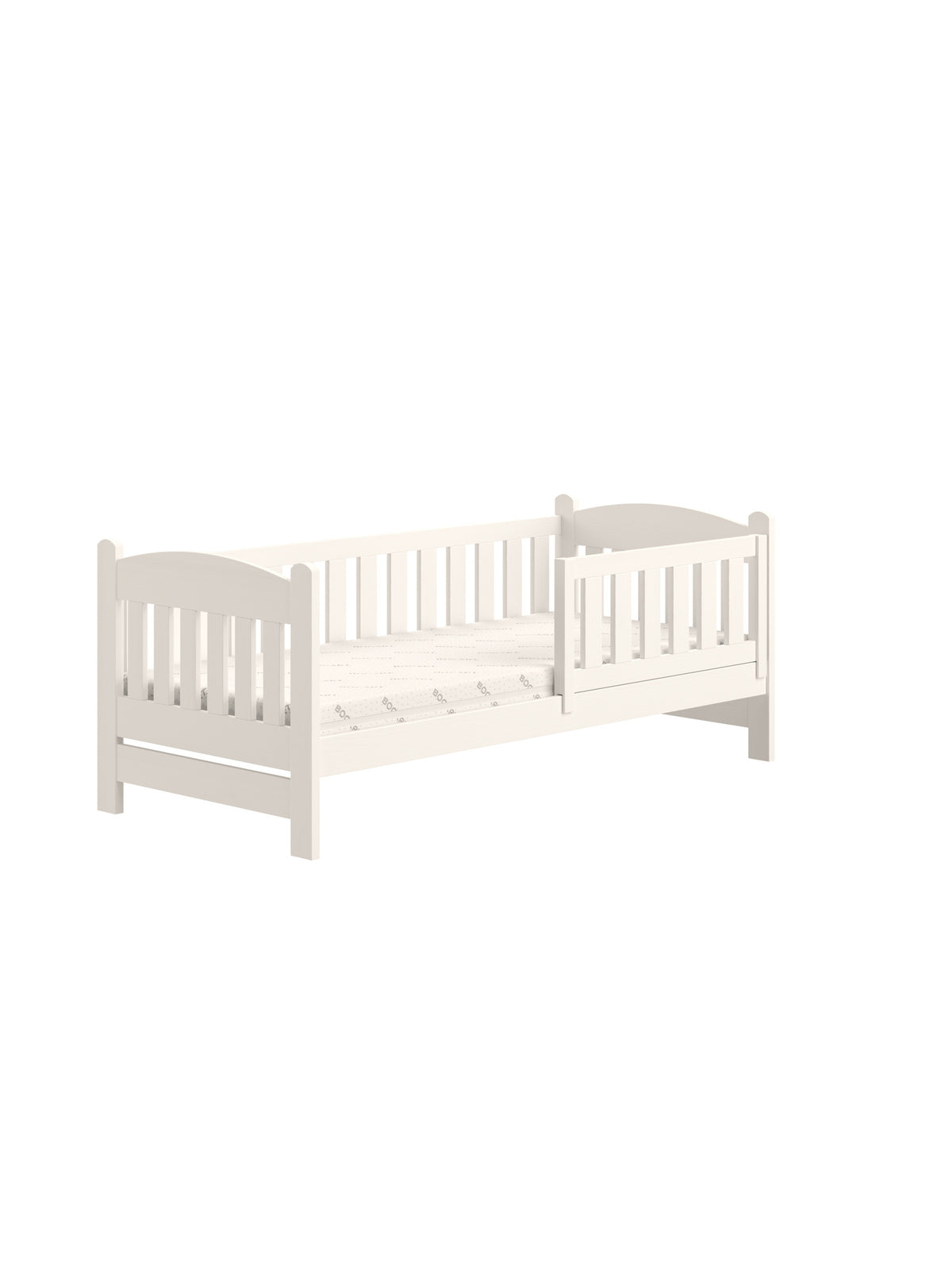 Pat pentru copii Alvins 90x200 din lemn alb cu două sertare vedere laterală