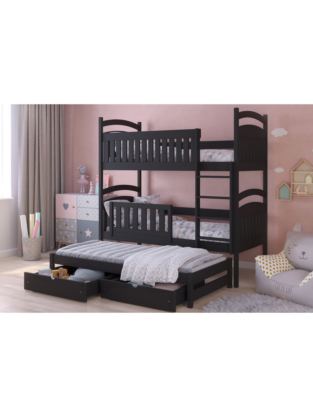 Pat supraetajat negru Amely 80x180 extensibil cu două sertare