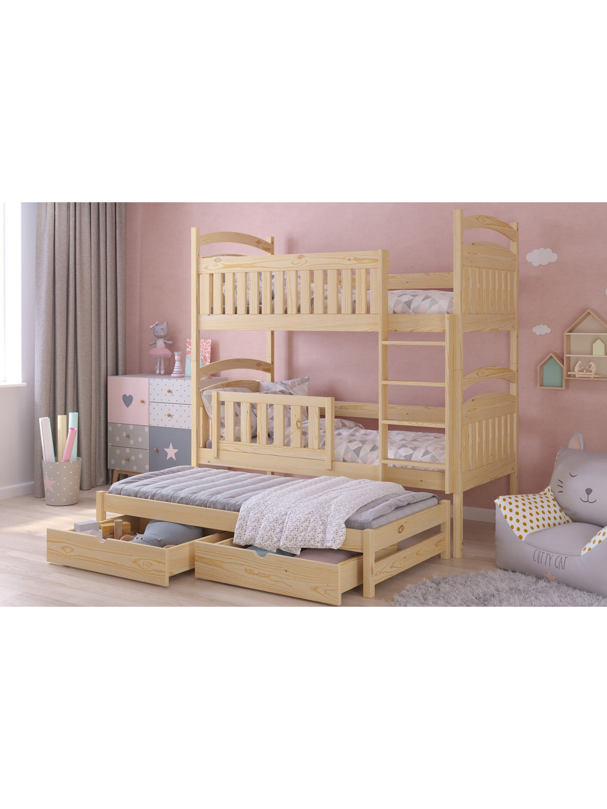 Pat dormitor Amely 80x180 din lemn de pin, extensibil, stil scandinav, vedere laterală