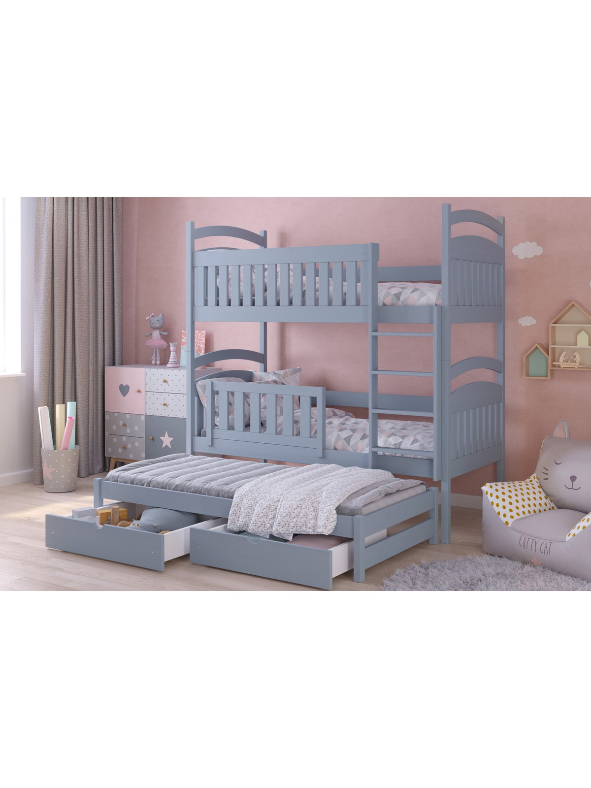 Pat dormitor copii Amely gri 90x180 cu pat extensibil și sertare