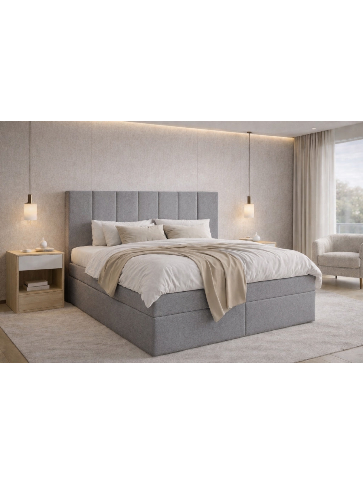 Pat continental Mareli 180x200 în țesătură boucle gri Quelle 83 cu tăblie înaltă
