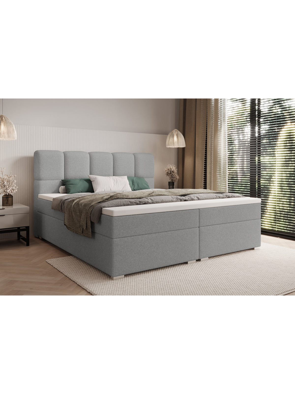 Pat continental Carello 160x200 cu tapițerie boucle gri, vedere frontală cu tablie capitonată