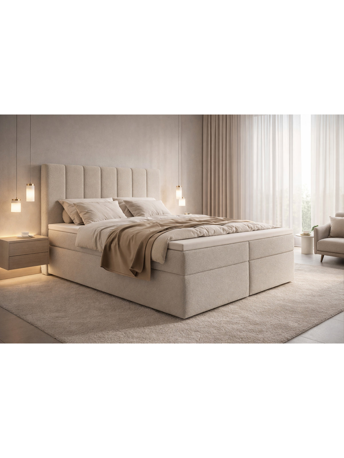 Pat continental Mareli 180x200 bej cu tapițerie boucle Quelle 03 și spații de depozitare