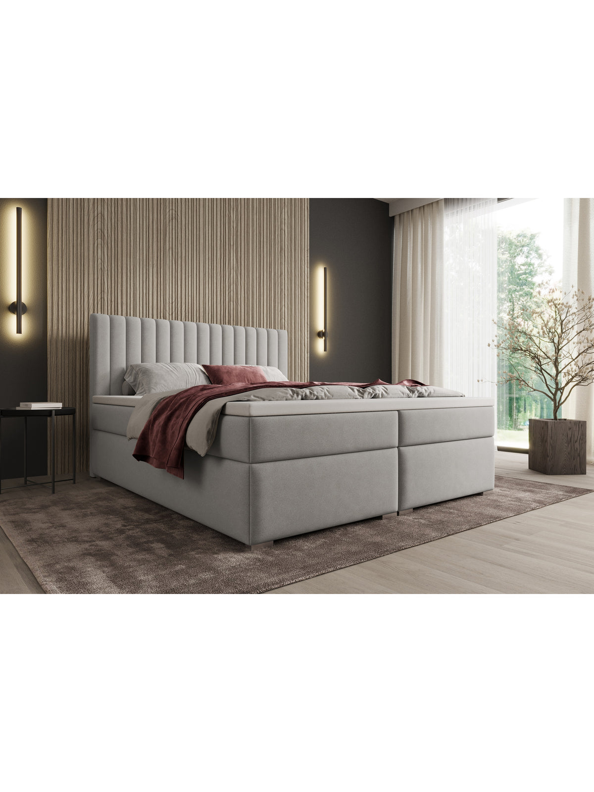 Pat continental Solani 160x200 catifea Castel 80 gri, cu spațiu de depozitare și tetieră matlasată