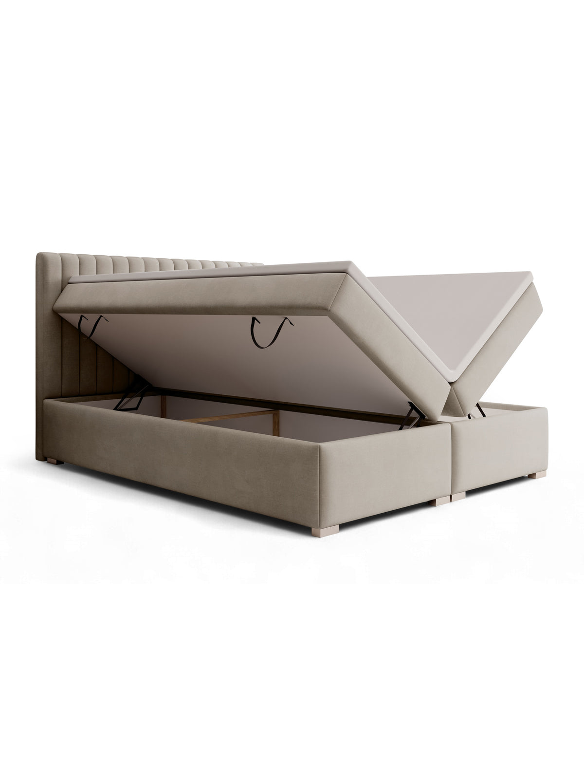 Pat continental Solani 180x200 catifea bej Castel 15 cu lada de depozitare deschisă