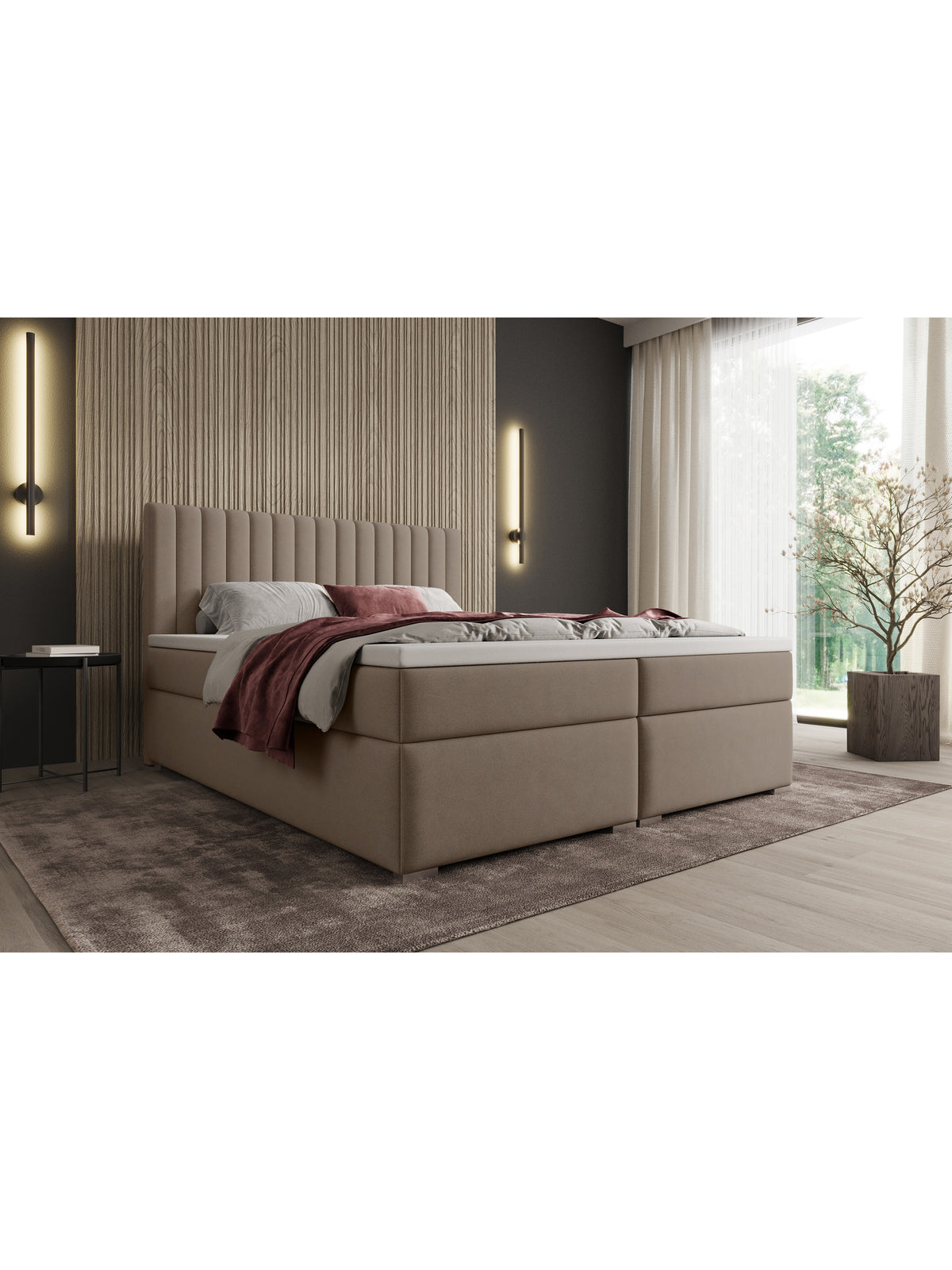 Pat continental Solani 180x200 catifea bej Castel 15 cu spații depozitare