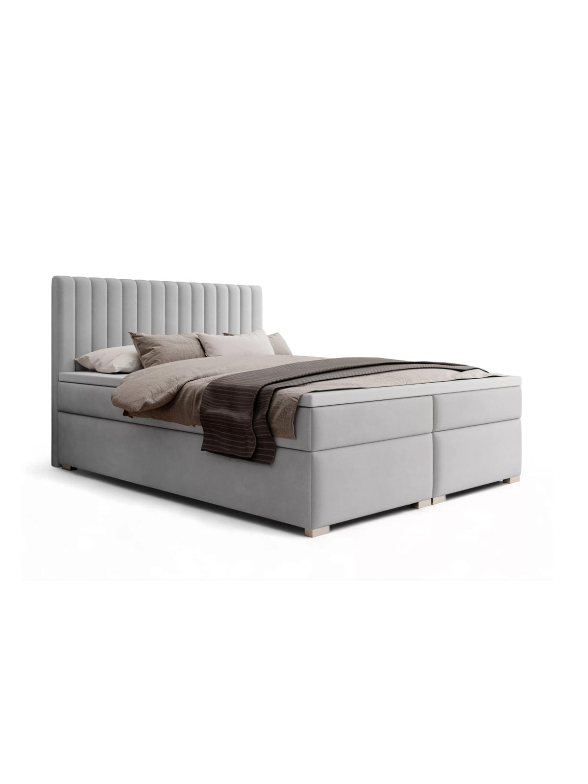 Pat continental Solani 180x200 catifea gri Castel 80 vedere laterală cu tăblie